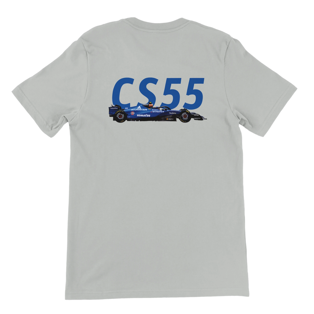 f111 merch silver color t-shirt2 with carlos-sainz branding.