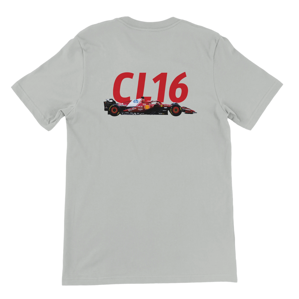 f111 merch silver color t-shirt2 with charles-leclerc branding.