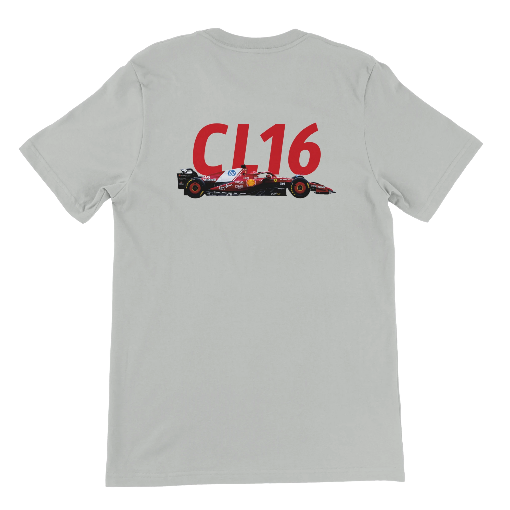 f111 merch silver color t-shirt2 with charles-leclerc branding.