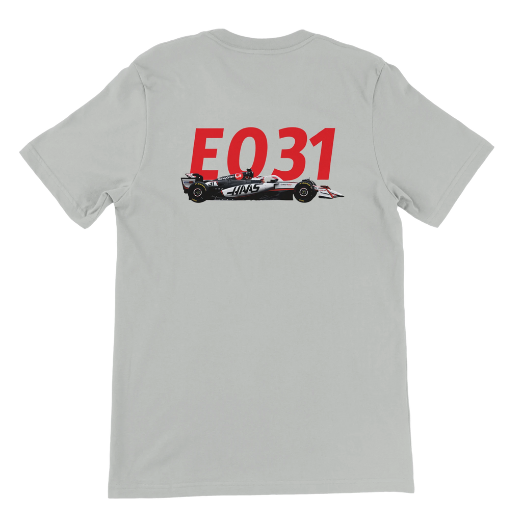 f111 merch silver color t-shirt2 with esteban-ocon branding.