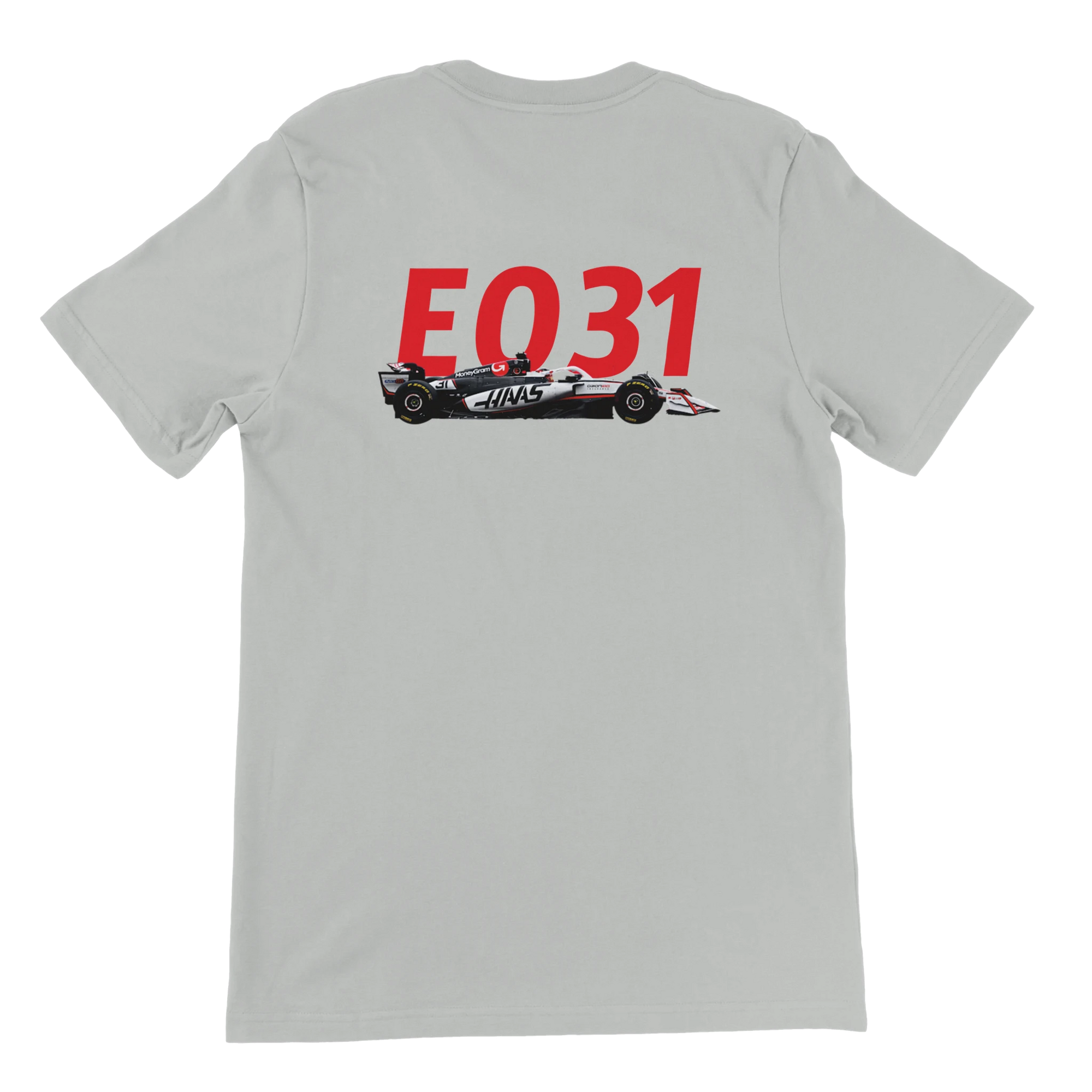 f111 merch silver color t-shirt2 with esteban-ocon branding.