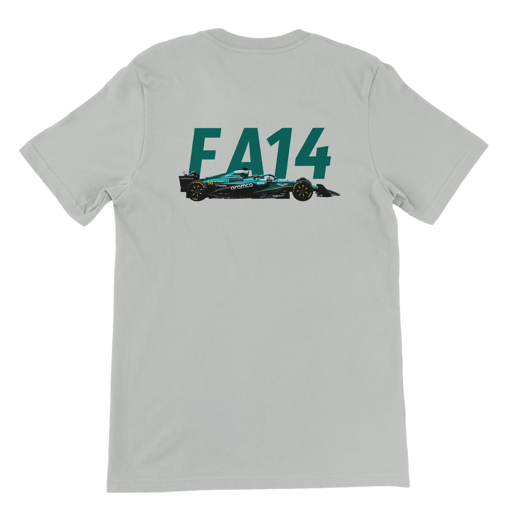f111 merch silver color t-shirt2 with fernando-alonso branding.