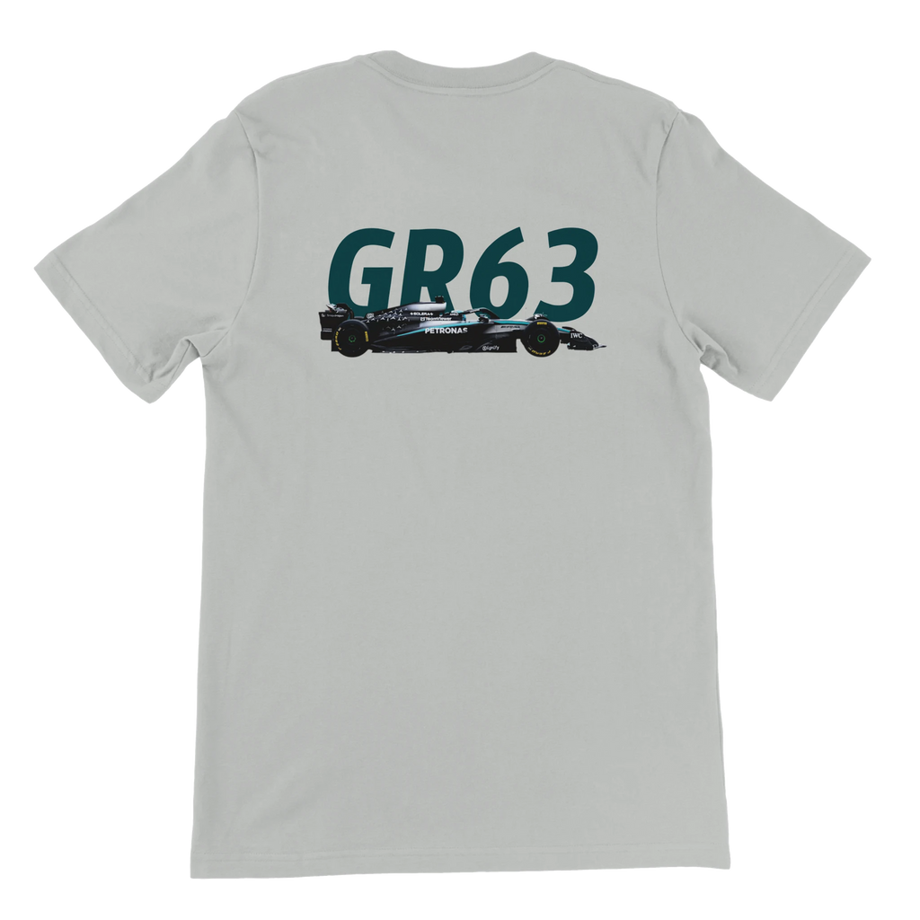 f111 merch silver color t-shirt2 with george-russell branding.
