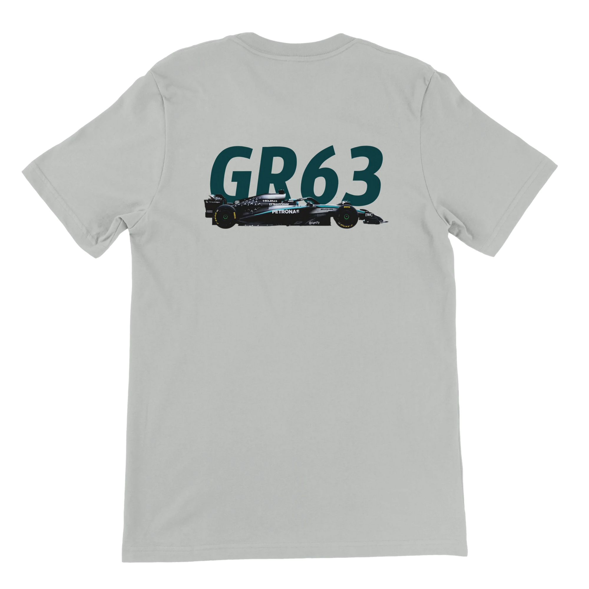 f111 merch silver color t-shirt2 with george-russell branding.