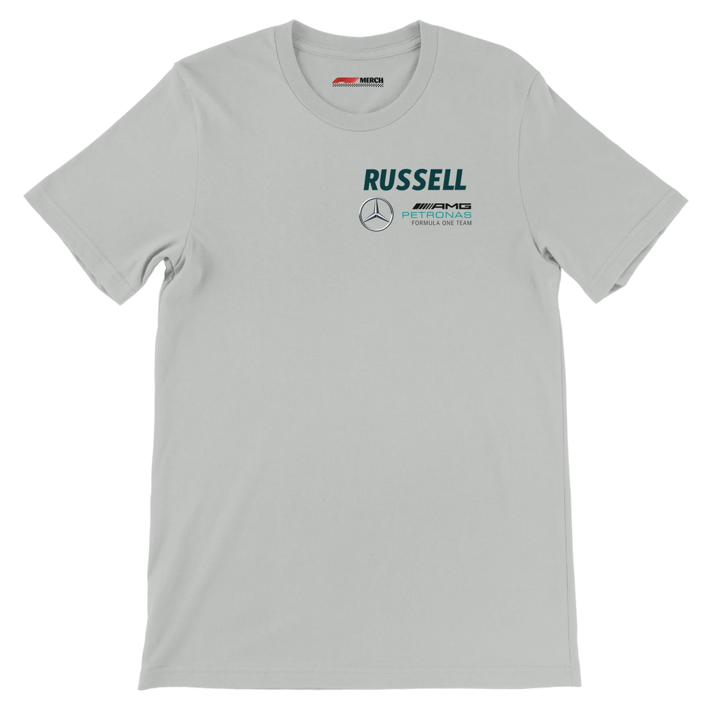 f111 merch silver color t-shirt2 with george-russell branding.