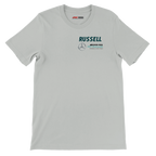 f111 merch silver color t-shirt2 with george-russell branding.