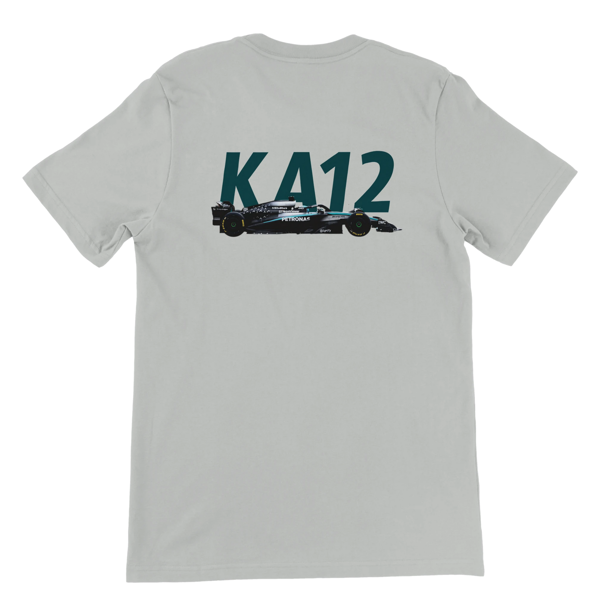 f111 merch silver color t-shirt2 with kimi-antonelli branding.