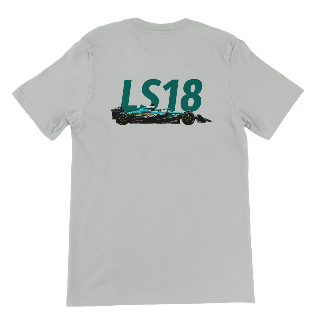 f111 merch silver color t-shirt2 with lance-stroll branding.