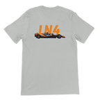 f111 merch silver color t-shirt2 with lando-norris branding.