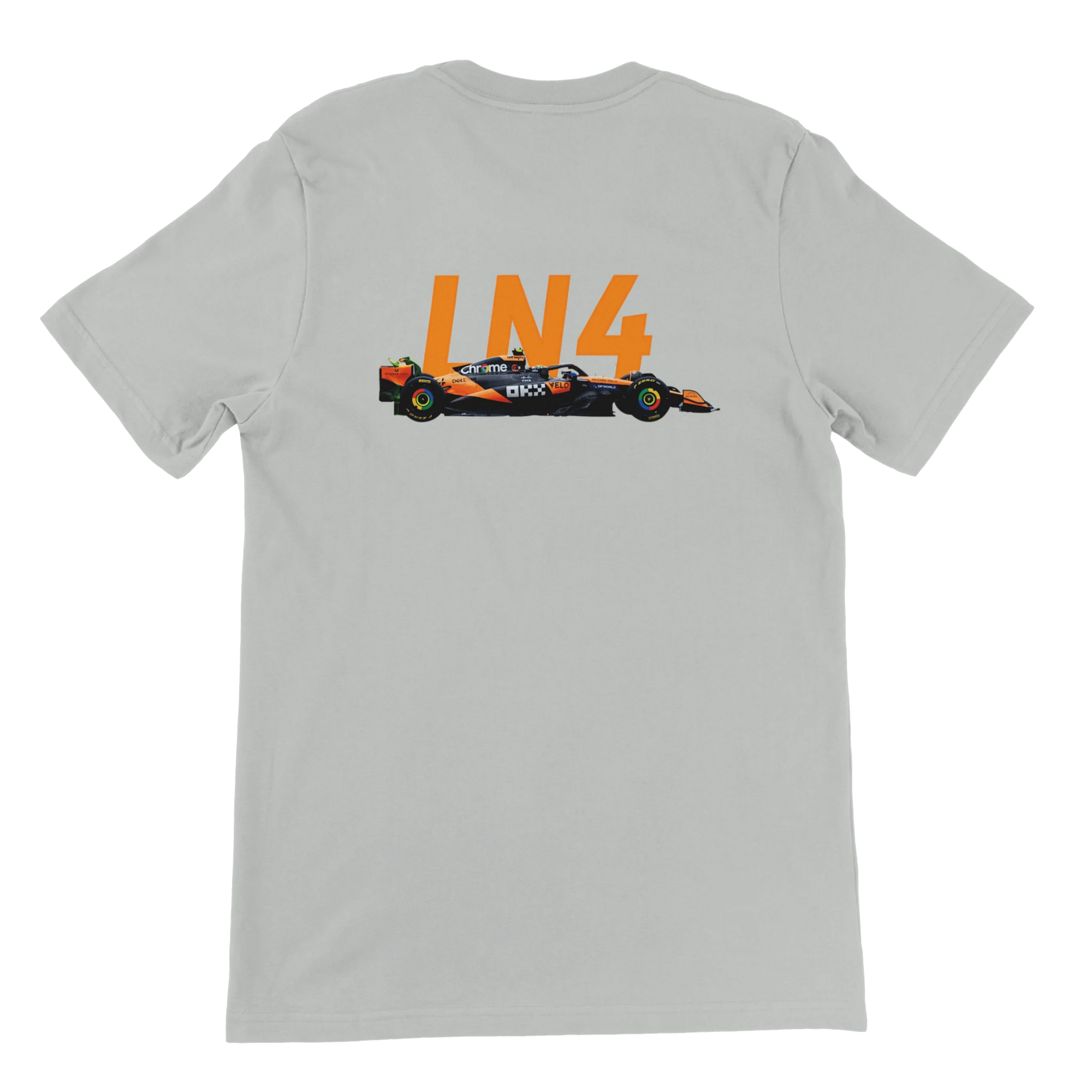 f111 merch silver color t-shirt2 with lando-norris branding.