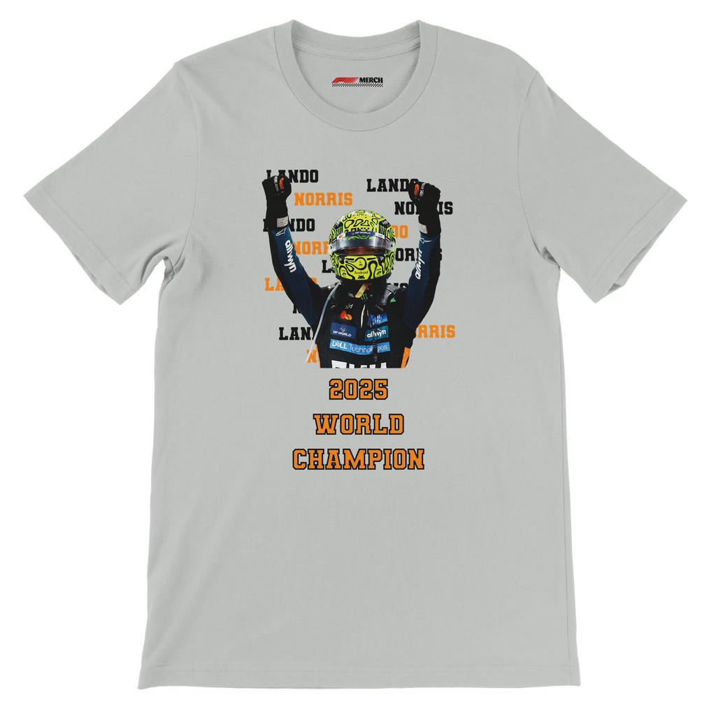f111 merch silver color t-shirt2 with lando-norris branding.