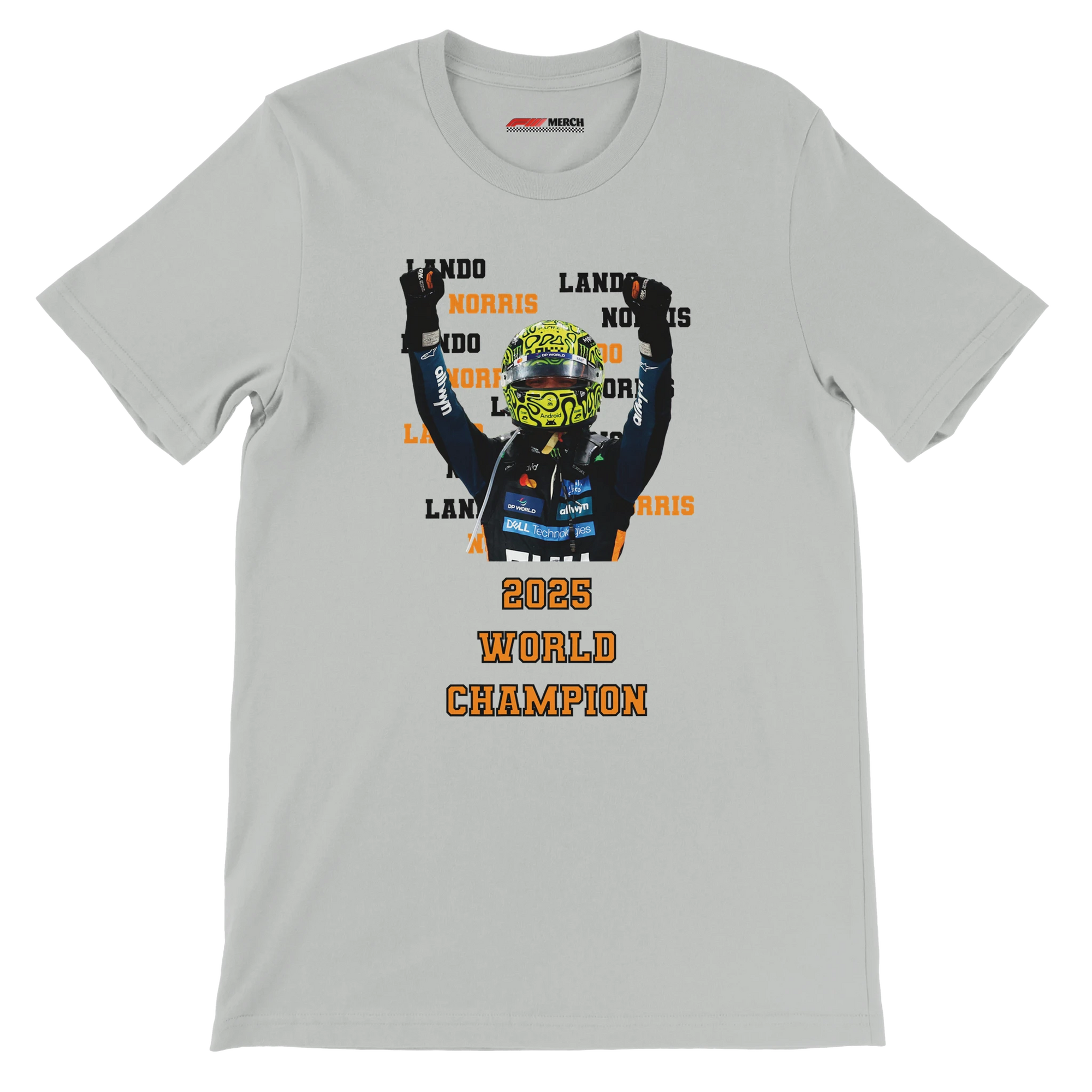 f111 merch silver color t-shirt2 with lando-norris branding.