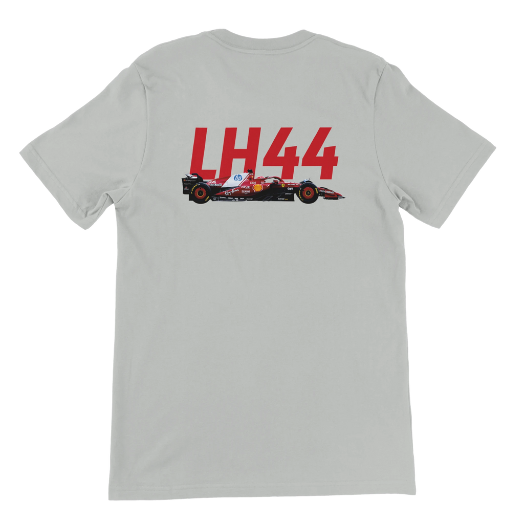 f111 merch silver color t-shirt2 with lewis-hamilton branding.