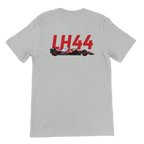 f111 merch silver color t-shirt2 with lewis-hamilton branding.