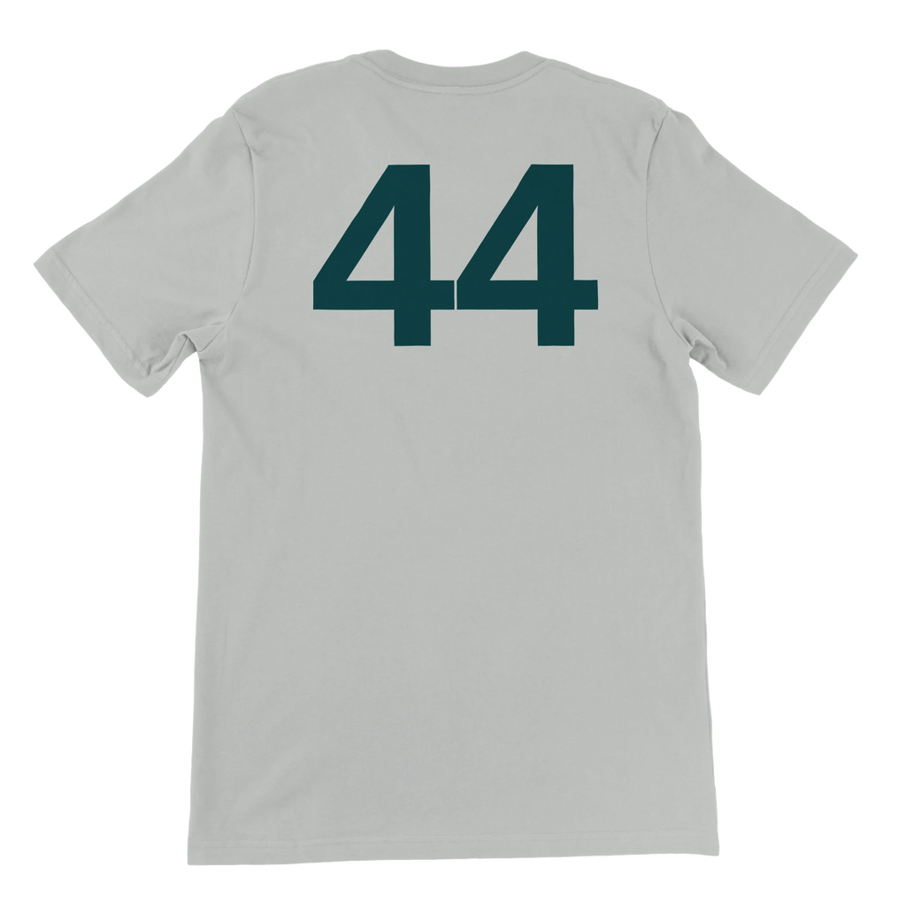 f111 merch silver color t-shirt2 with lewis-hamilton branding.