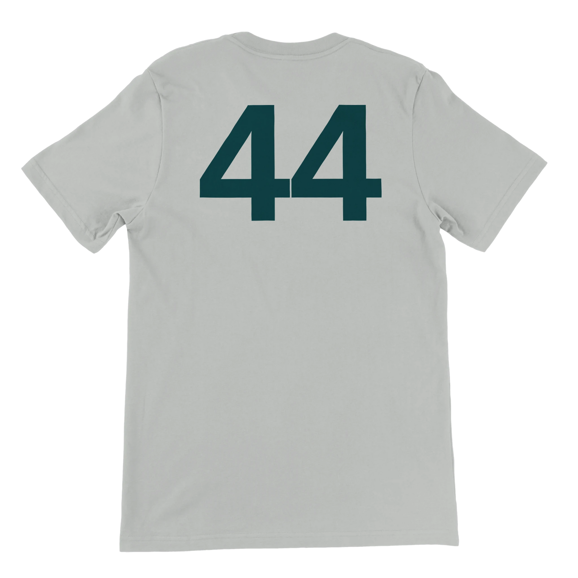 f111 merch silver color t-shirt2 with lewis-hamilton branding.