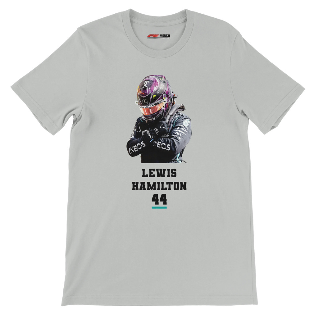 f111 merch silver color t-shirt2 with lewis-hamilton branding.