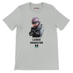 f111 merch silver color t-shirt2 with lewis-hamilton branding.