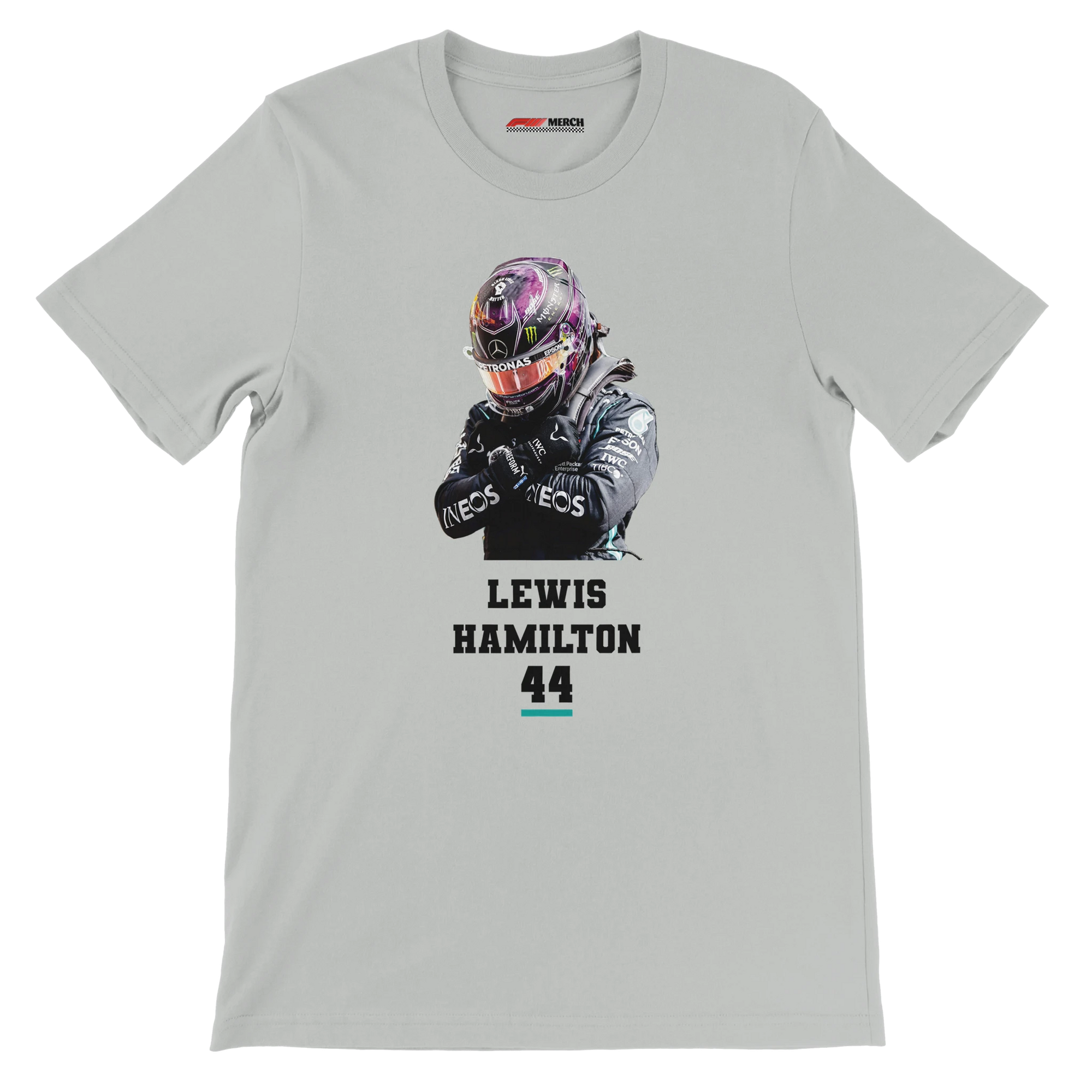 f111 merch silver color t-shirt2 with lewis-hamilton branding.