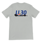 f111 merch silver color t-shirt2 with liam-lawson branding.