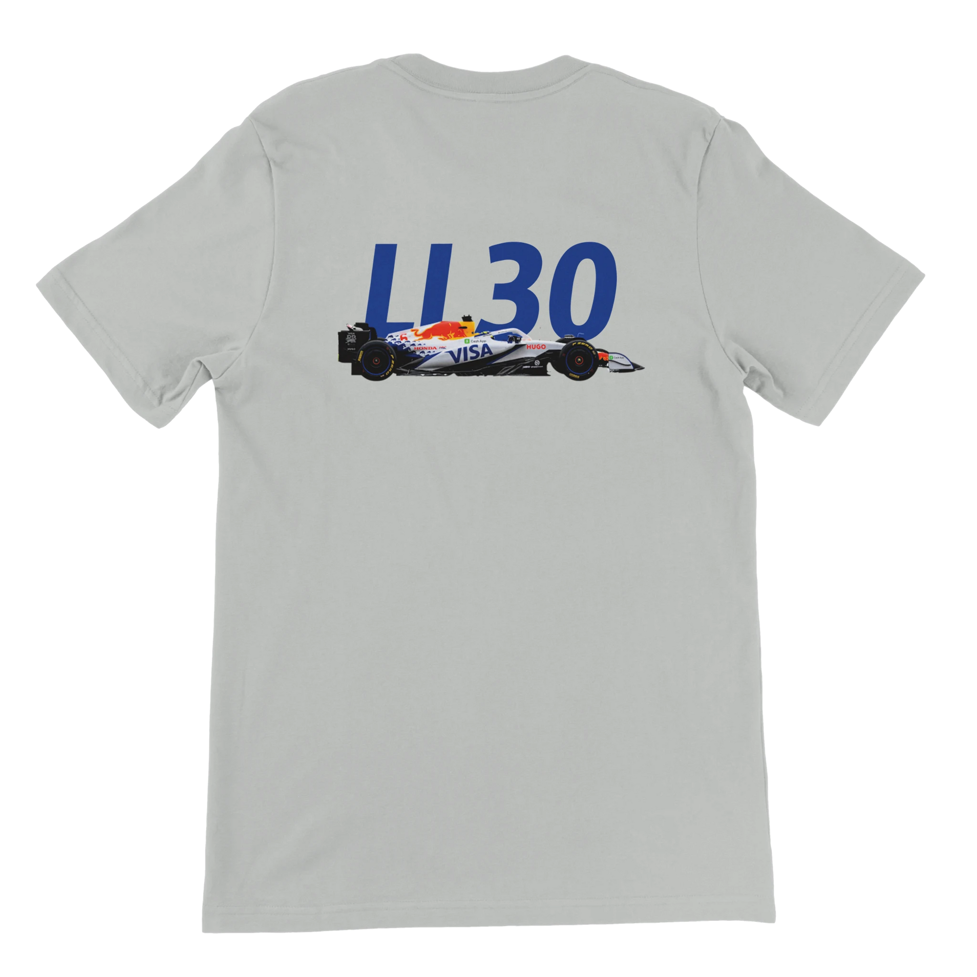 f111 merch silver color t-shirt2 with liam-lawson branding.