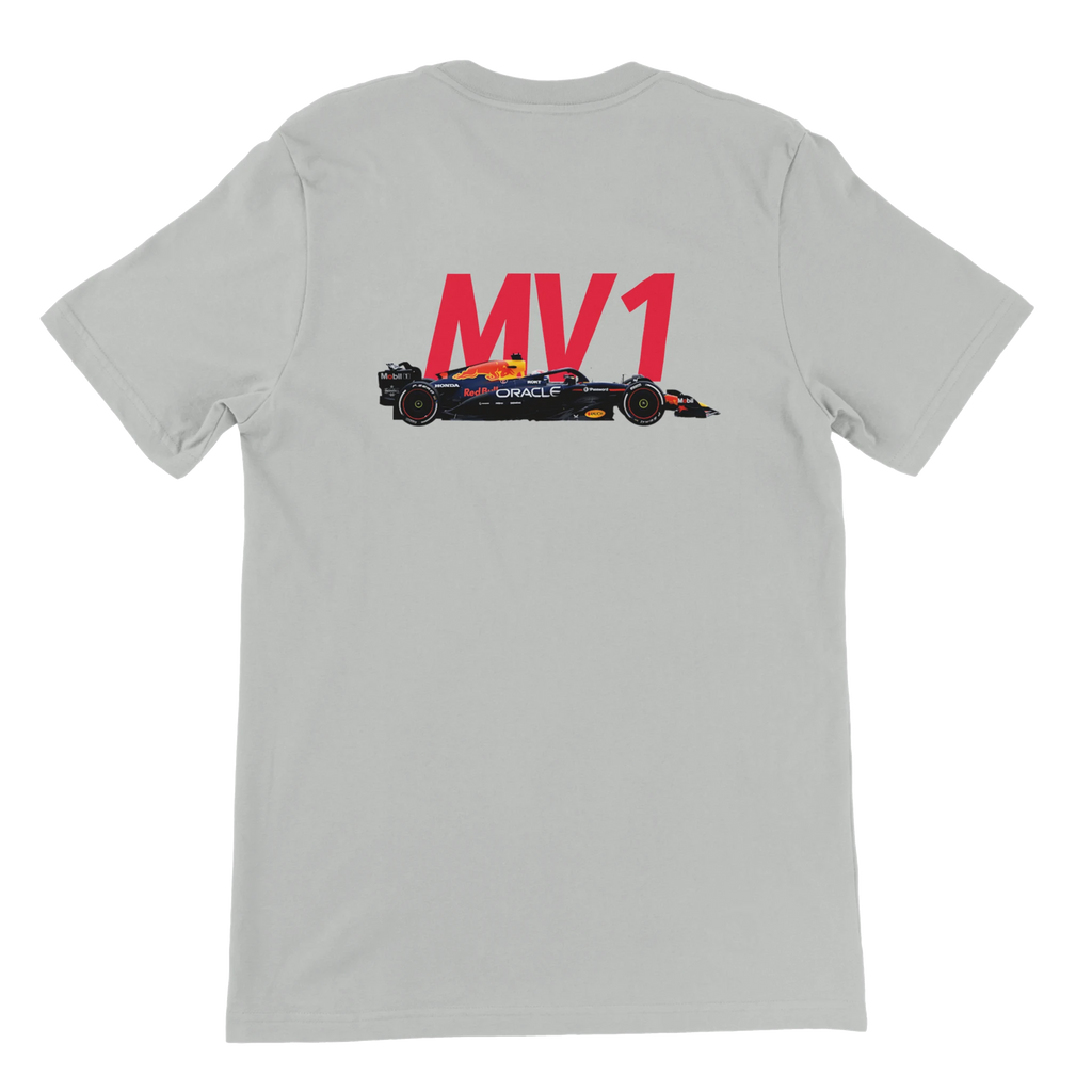 f111 merch silver color t-shirt2 with max-verstappen branding.