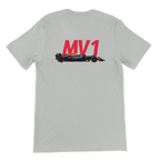 f111 merch silver color t-shirt2 with max-verstappen branding.