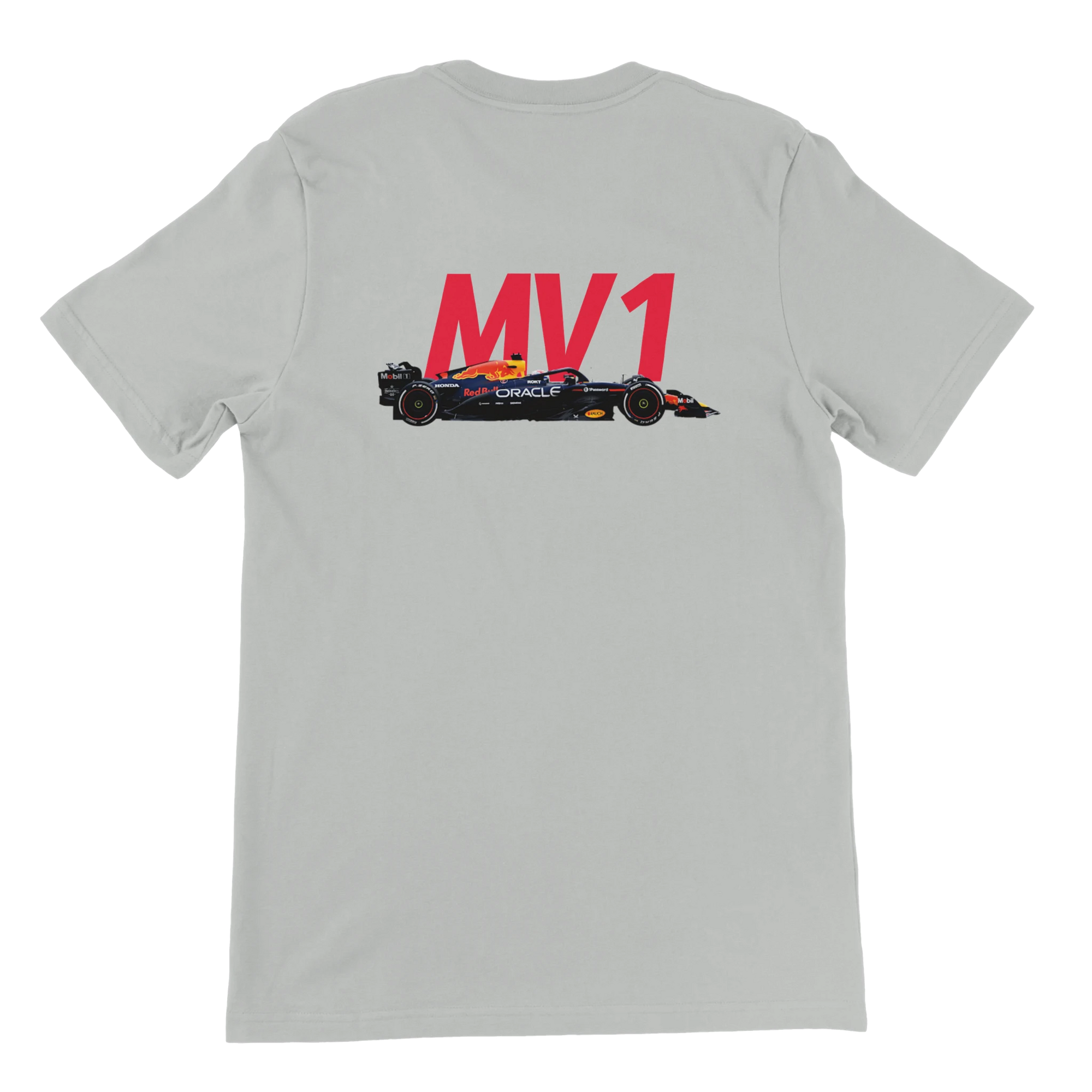 f111 merch silver color t-shirt2 with max-verstappen branding.