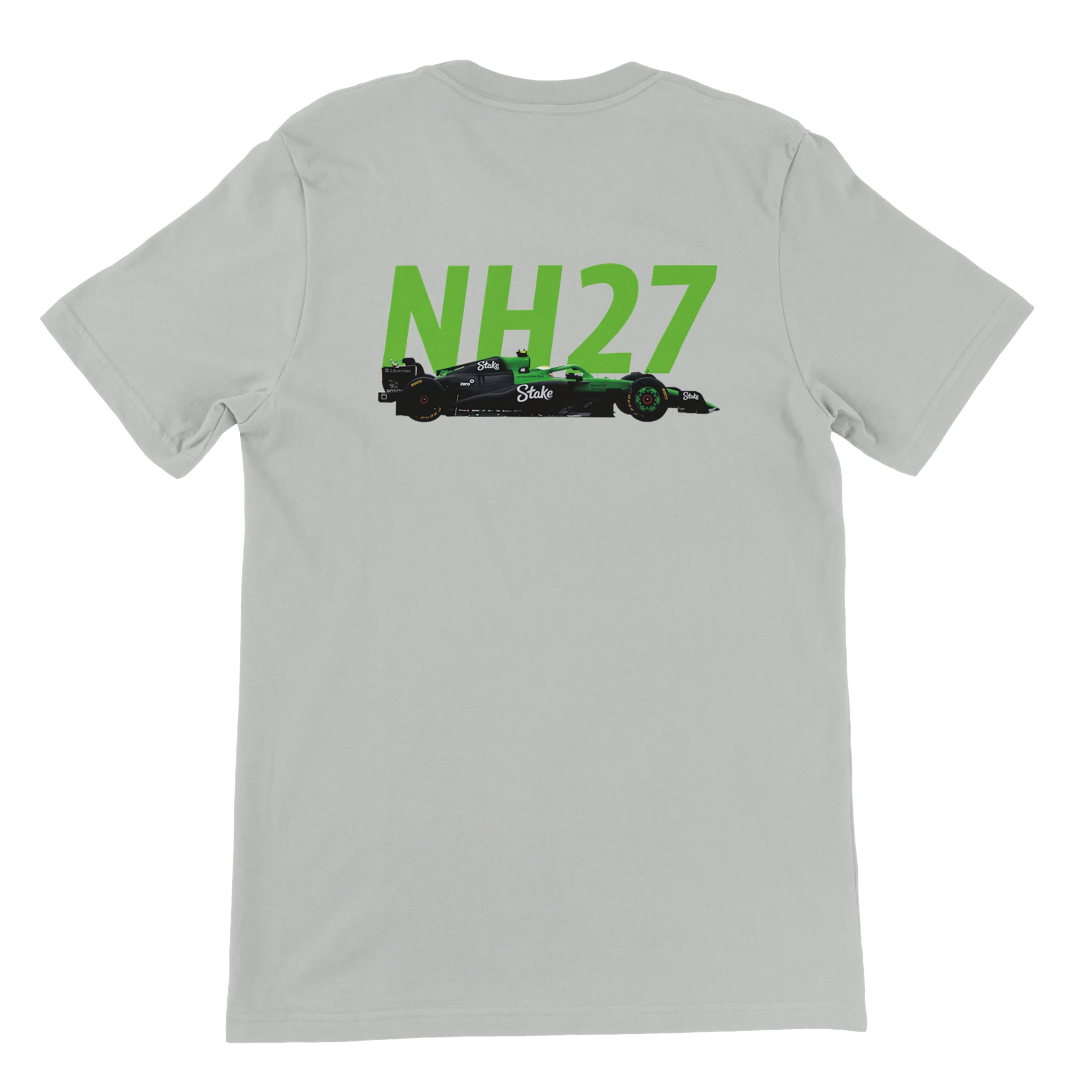 f111 merch silver color t-shirt2 with nico-hulkenberg branding.