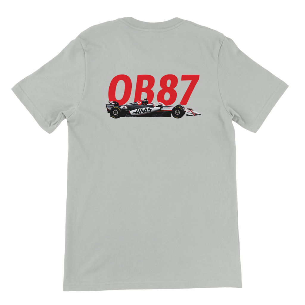 f111 merch silver color t-shirt2 with oliver-bearman branding.