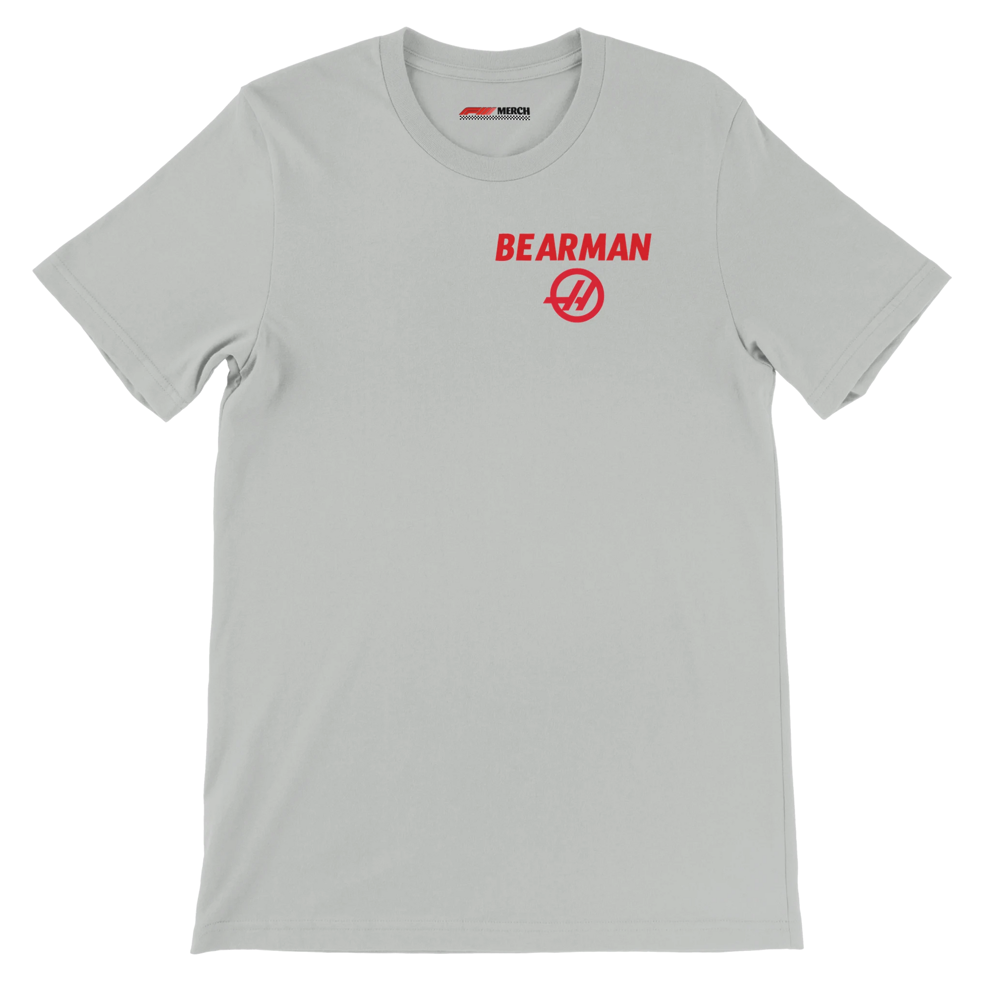 f111 merch silver color t-shirt2 with oliver-bearman branding.