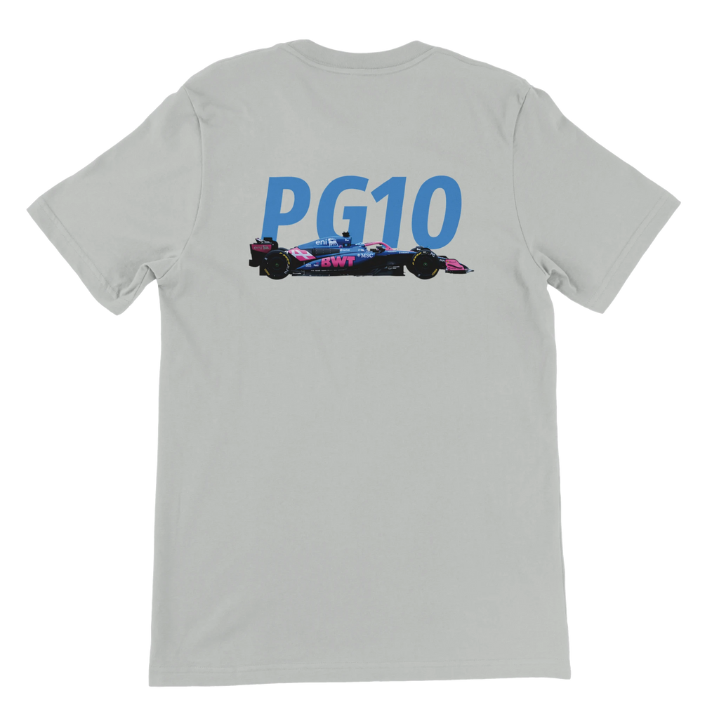f111 merch silver color t-shirt2 with pierre-gasly branding.