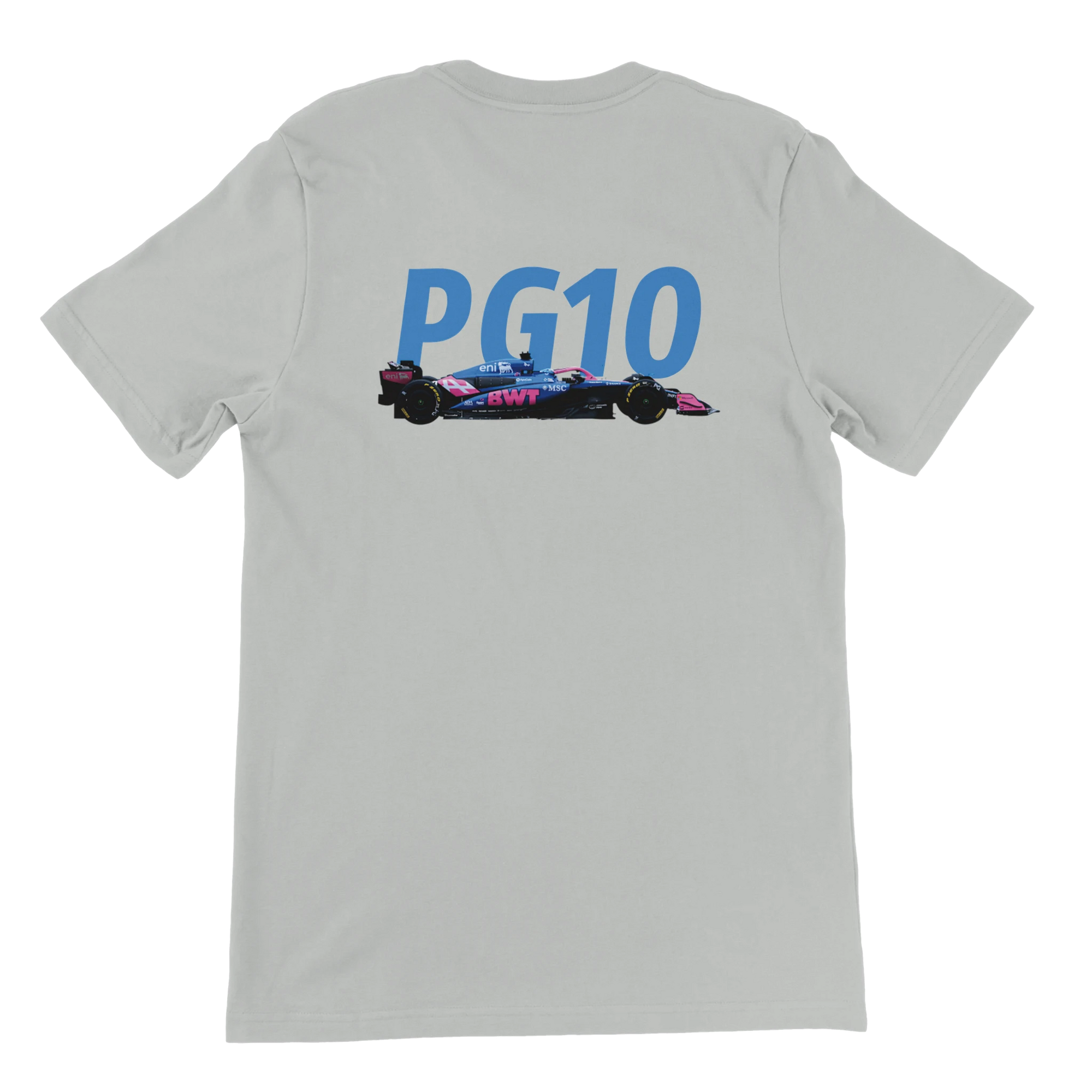 f111 merch silver color t-shirt2 with pierre-gasly branding.