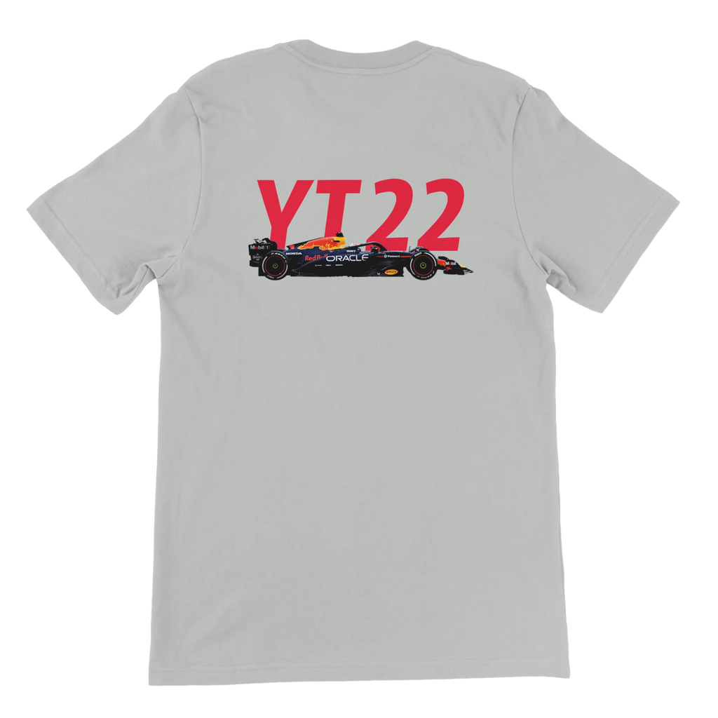f111 merch silver color t-shirt2 with yuki-tsunoda branding.