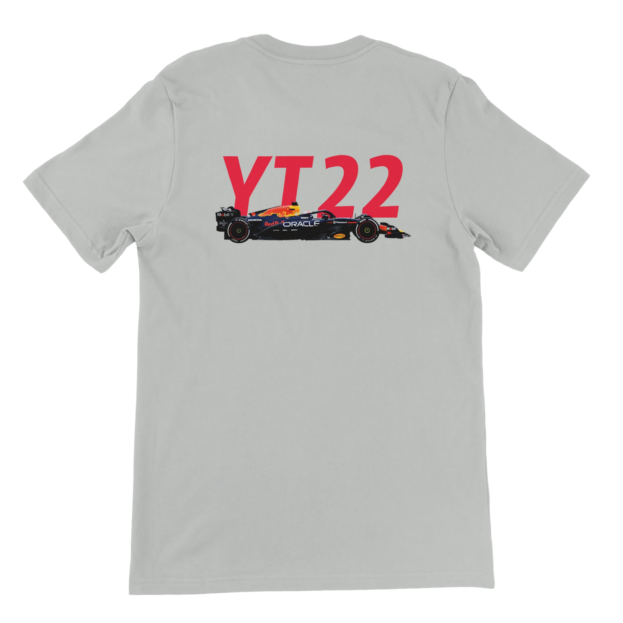 f111 merch silver color t-shirt2 with yuki-tsunoda branding.
