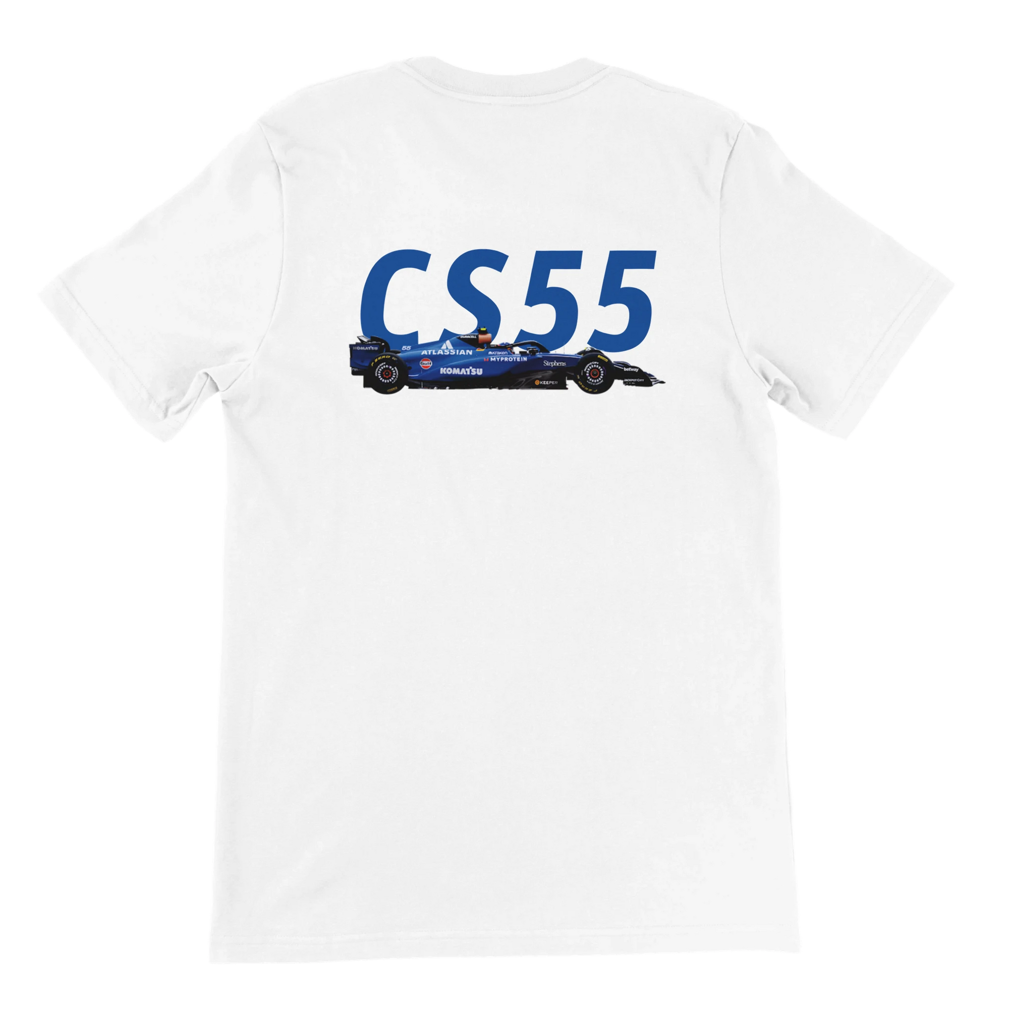 f111 merch white color t-shirt2 with carlos-sainz branding.