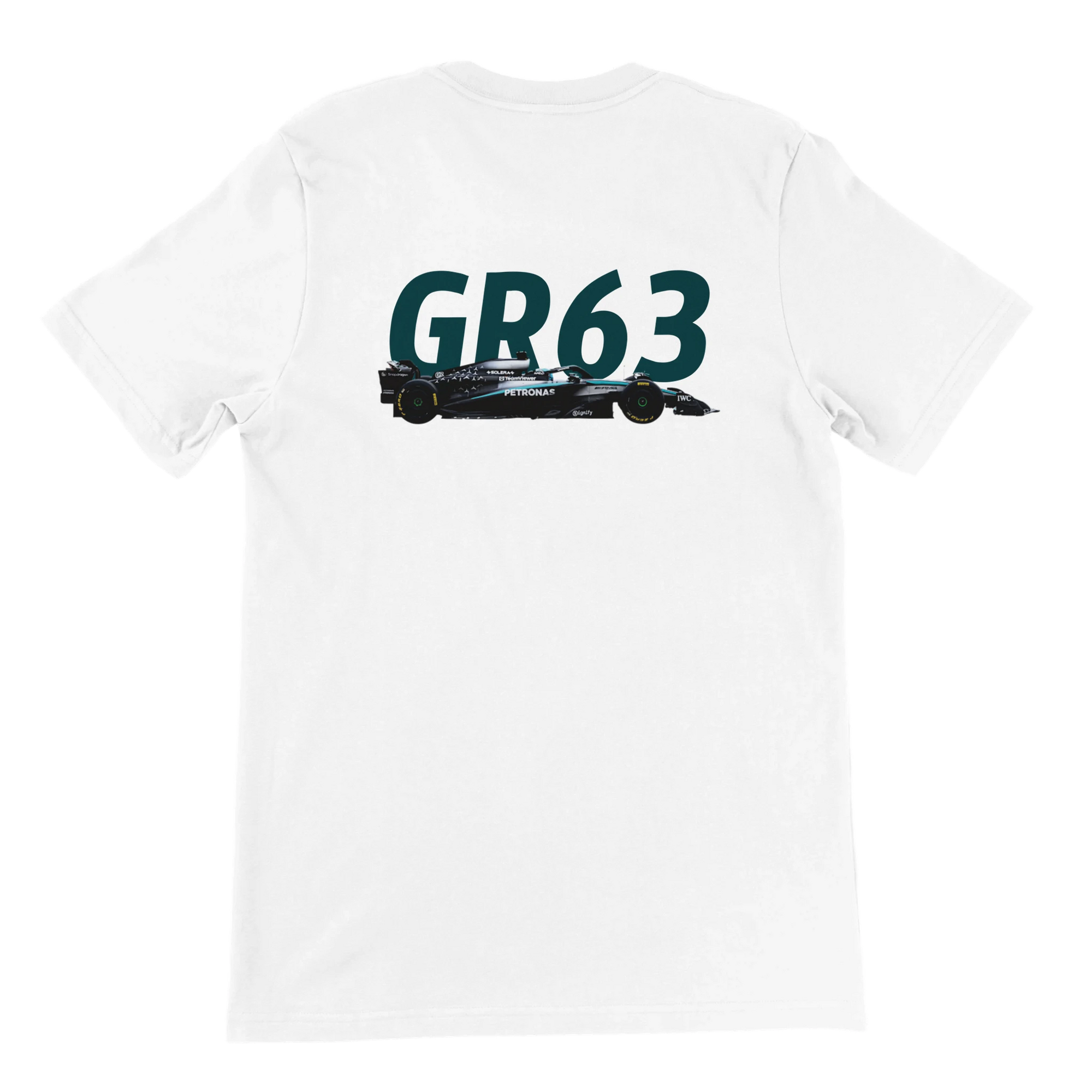 f111 merch white color t-shirt2 with george-russell branding.
