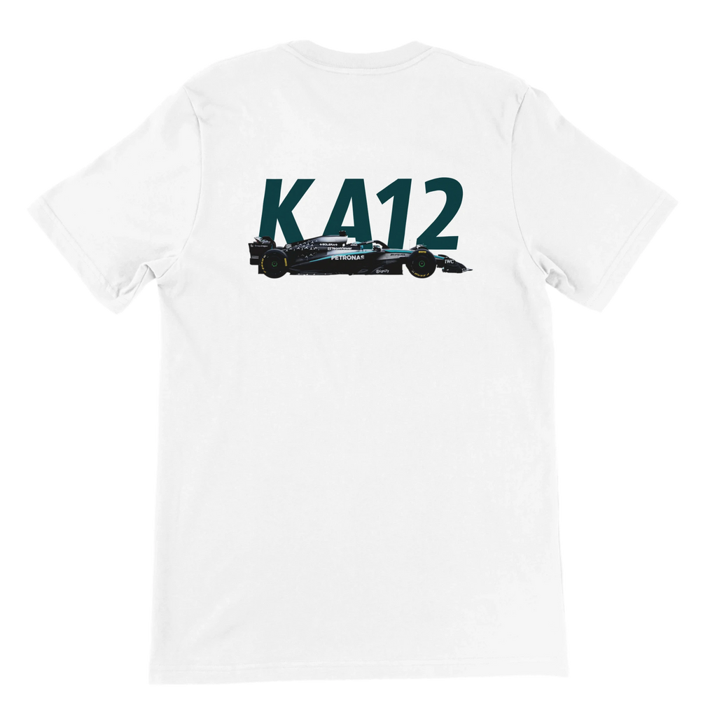 f111 merch white color t-shirt2 with kimi-antonelli branding.
