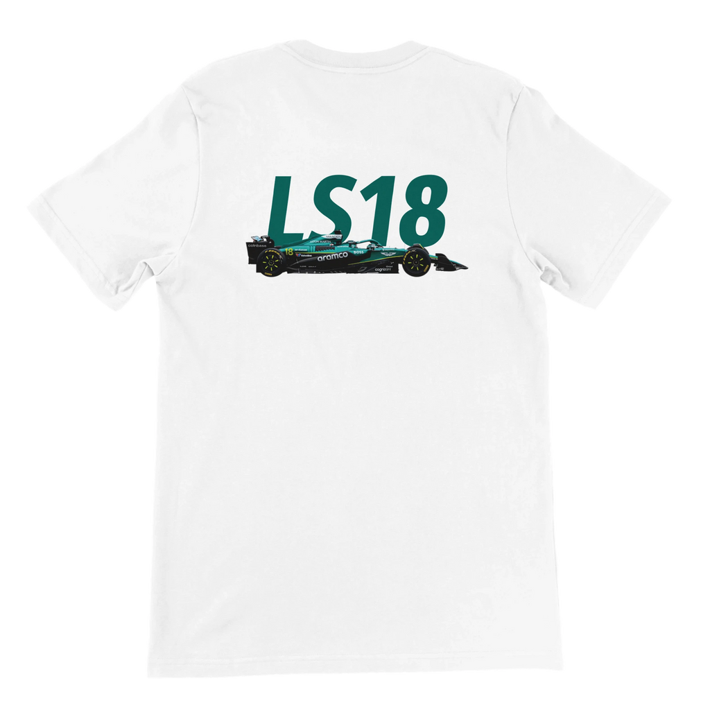 f111 merch white color t-shirt2 with lance-stroll branding.