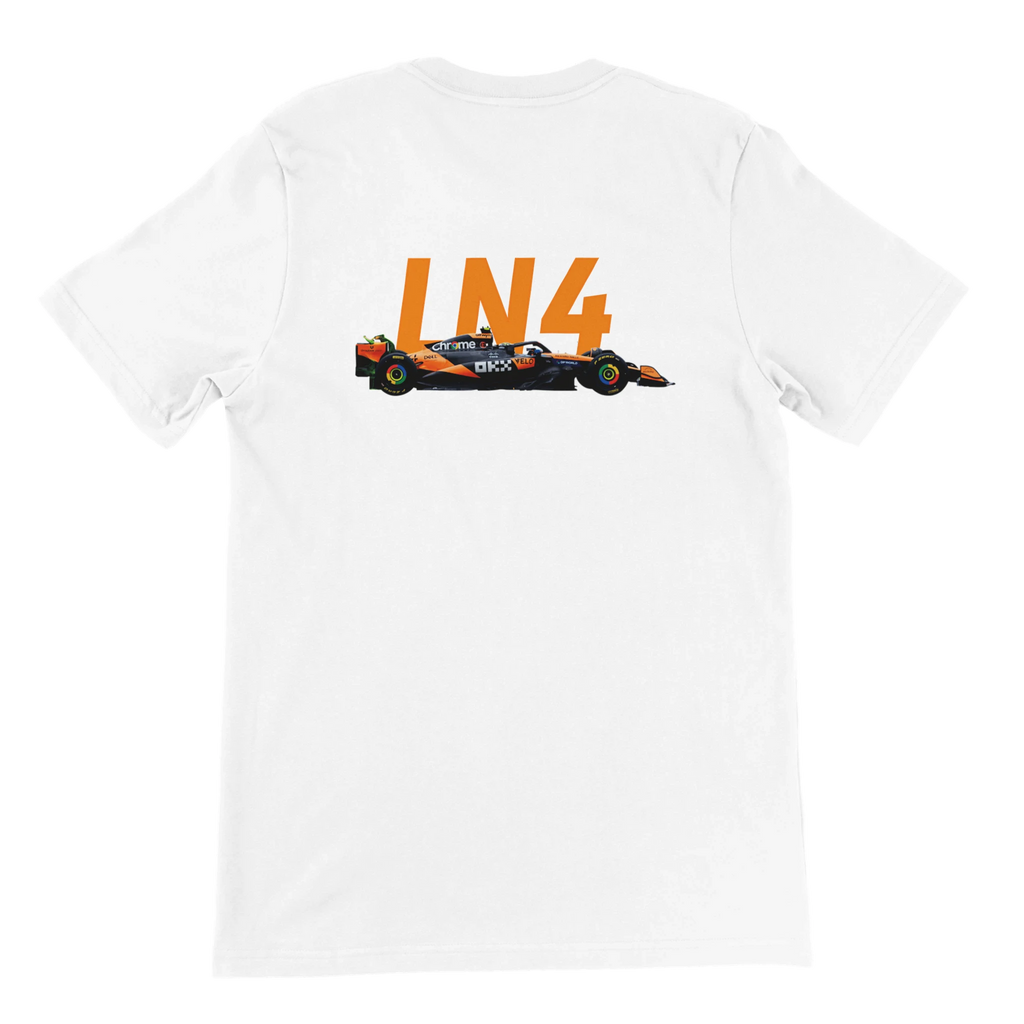 f111 merch white color t-shirt2 with lando-norris branding.