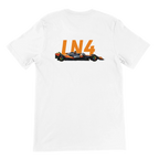 f111 merch white color t-shirt2 with lando-norris branding.