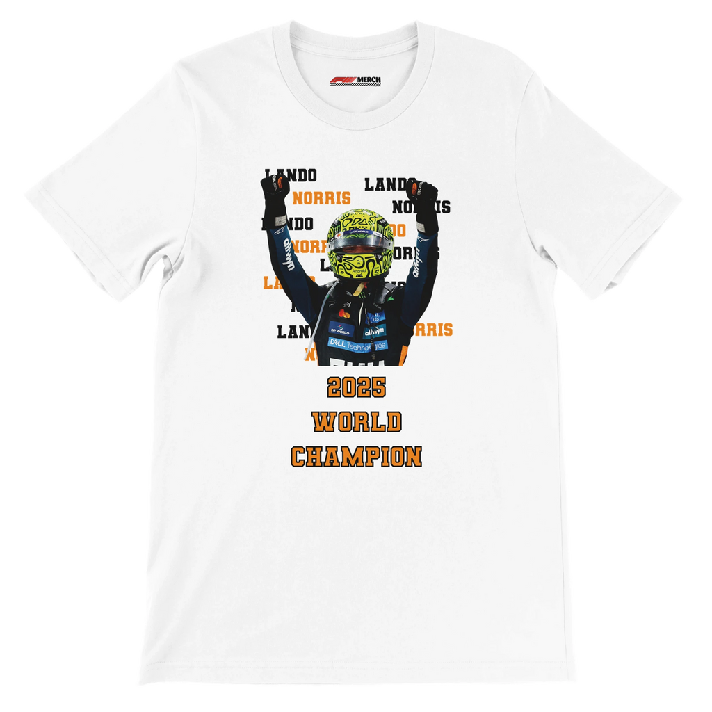 f111 merch white color t-shirt2 with lando-norris branding.