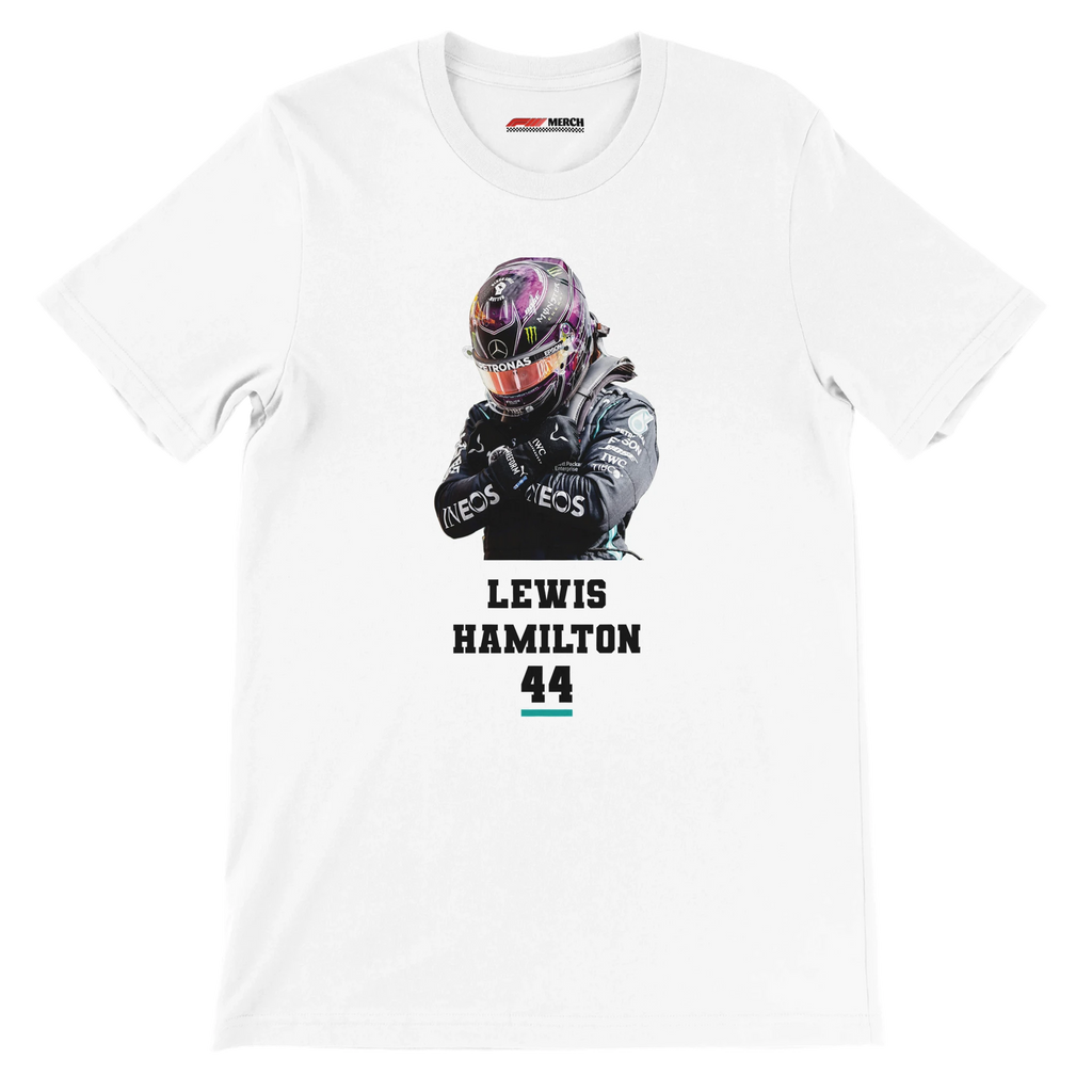 f111 merch white color t-shirt2 with lewis-hamilton branding.