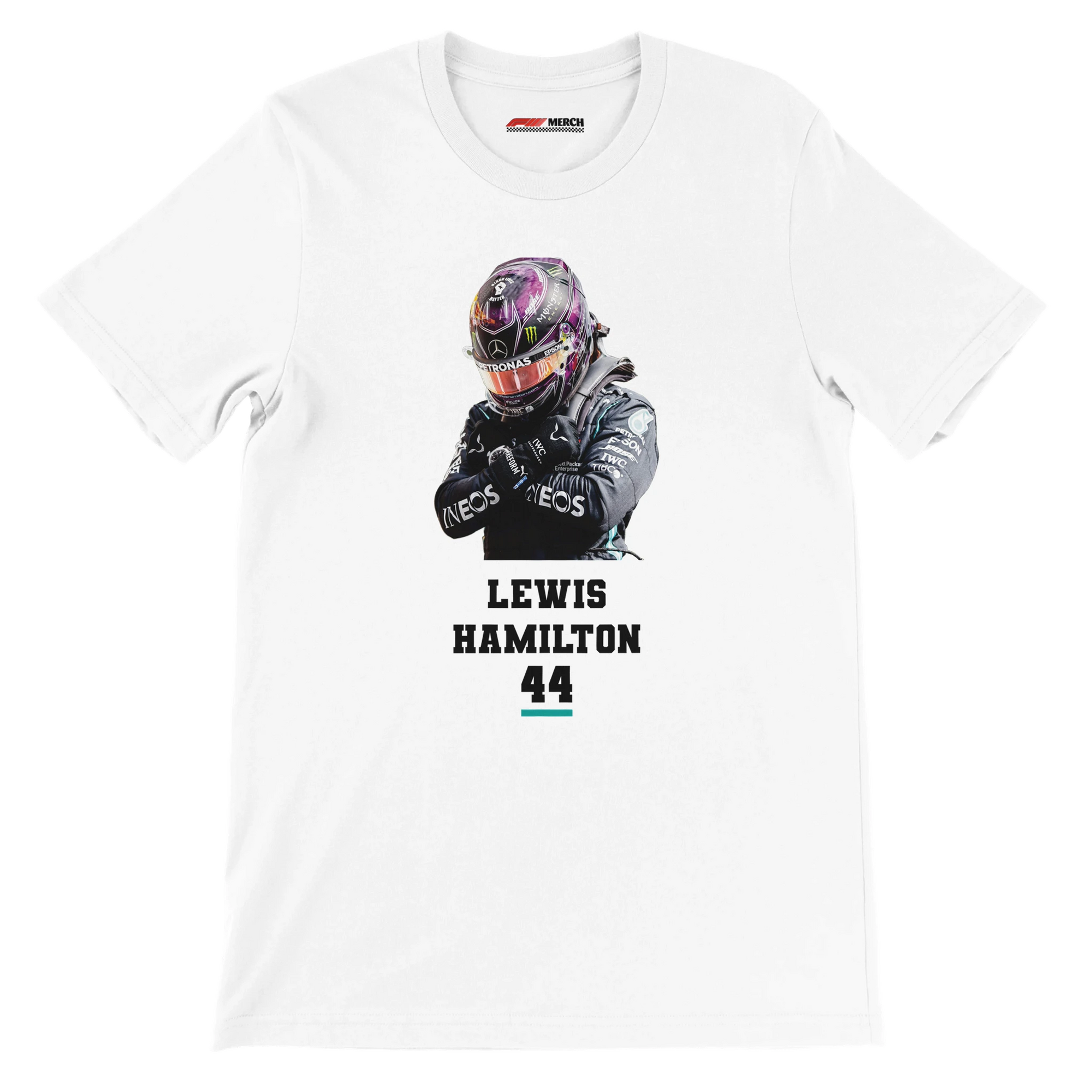 f111 merch white color t-shirt2 with lewis-hamilton branding.