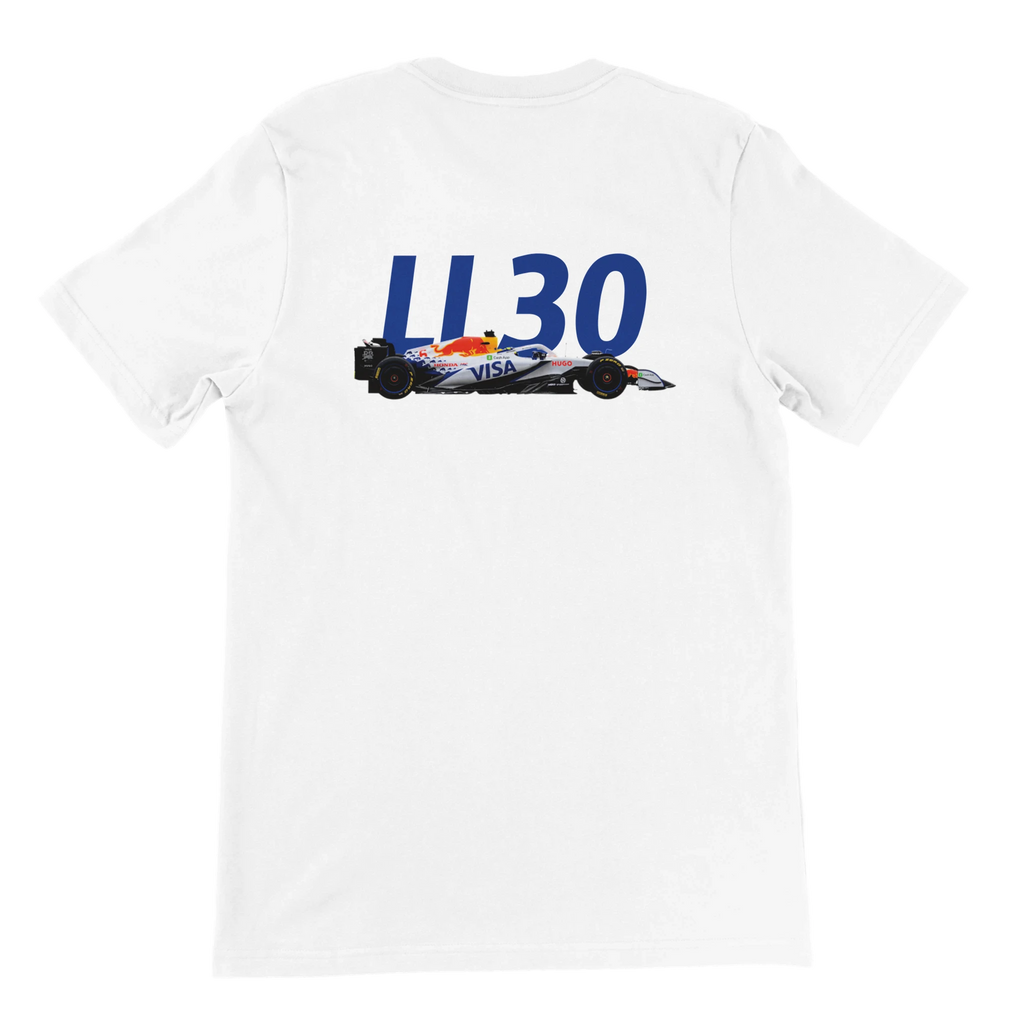 f111 merch white color t-shirt2 with liam-lawson branding.