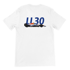 f111 merch white color t-shirt2 with liam-lawson branding.