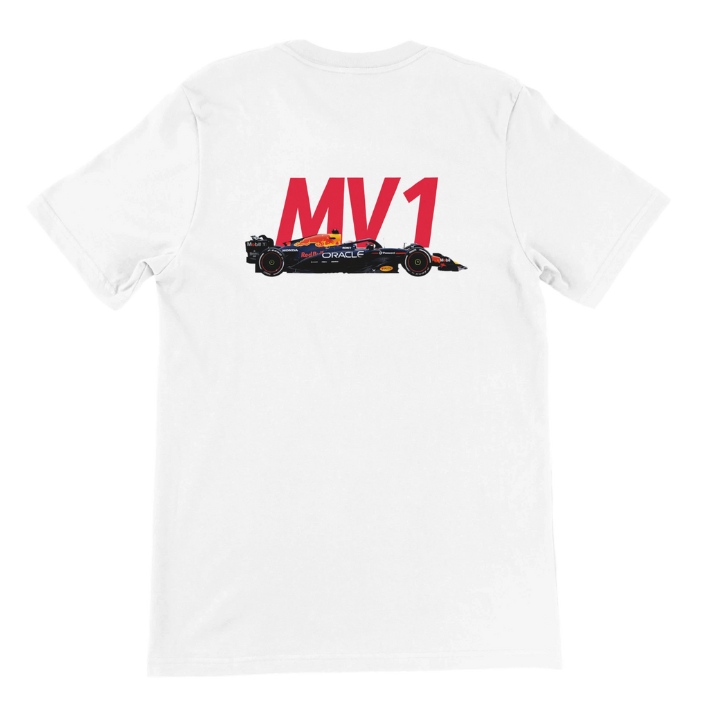 f111 merch white color t-shirt2 with max-verstappen branding.