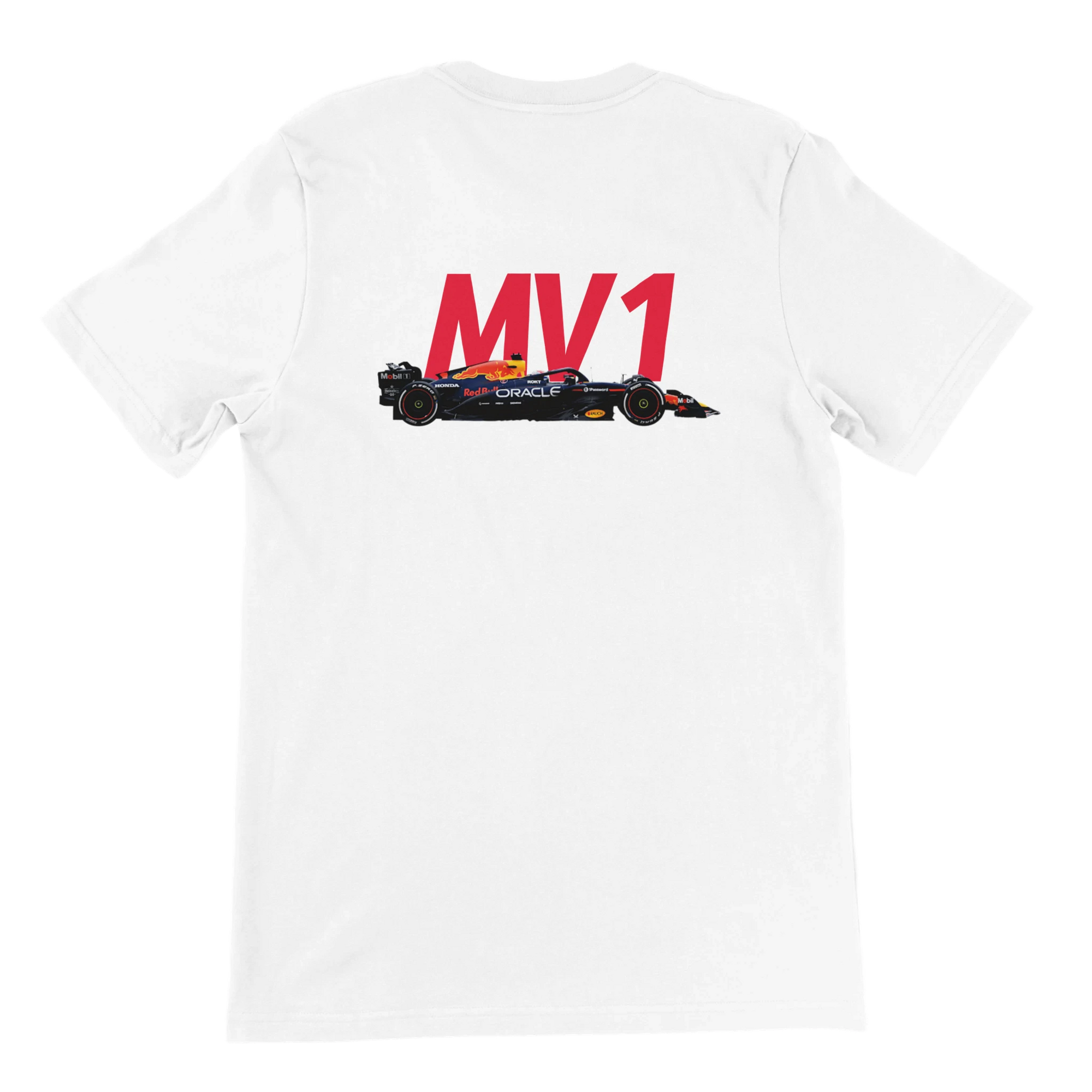 f111 merch white color t-shirt2 with max-verstappen branding.