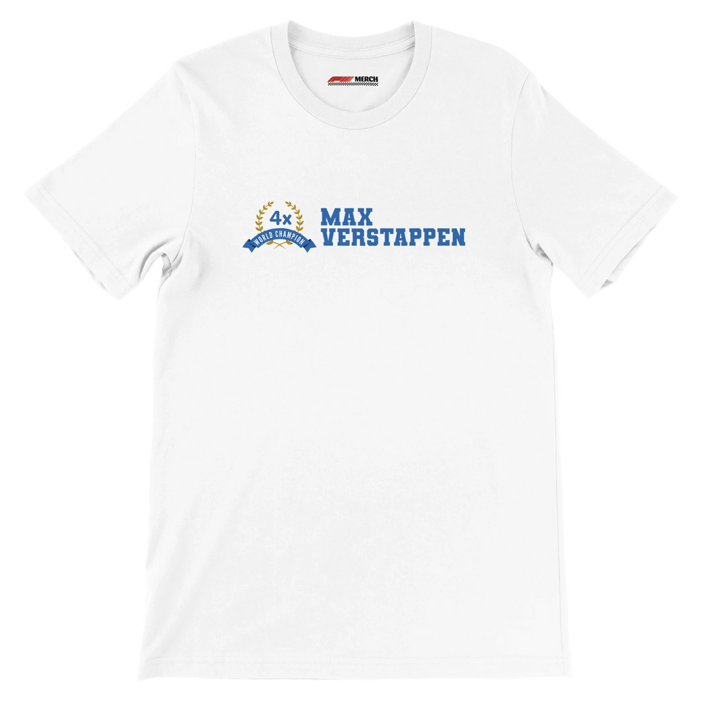 f111 merch white color t-shirt2 with max-verstappen branding.
