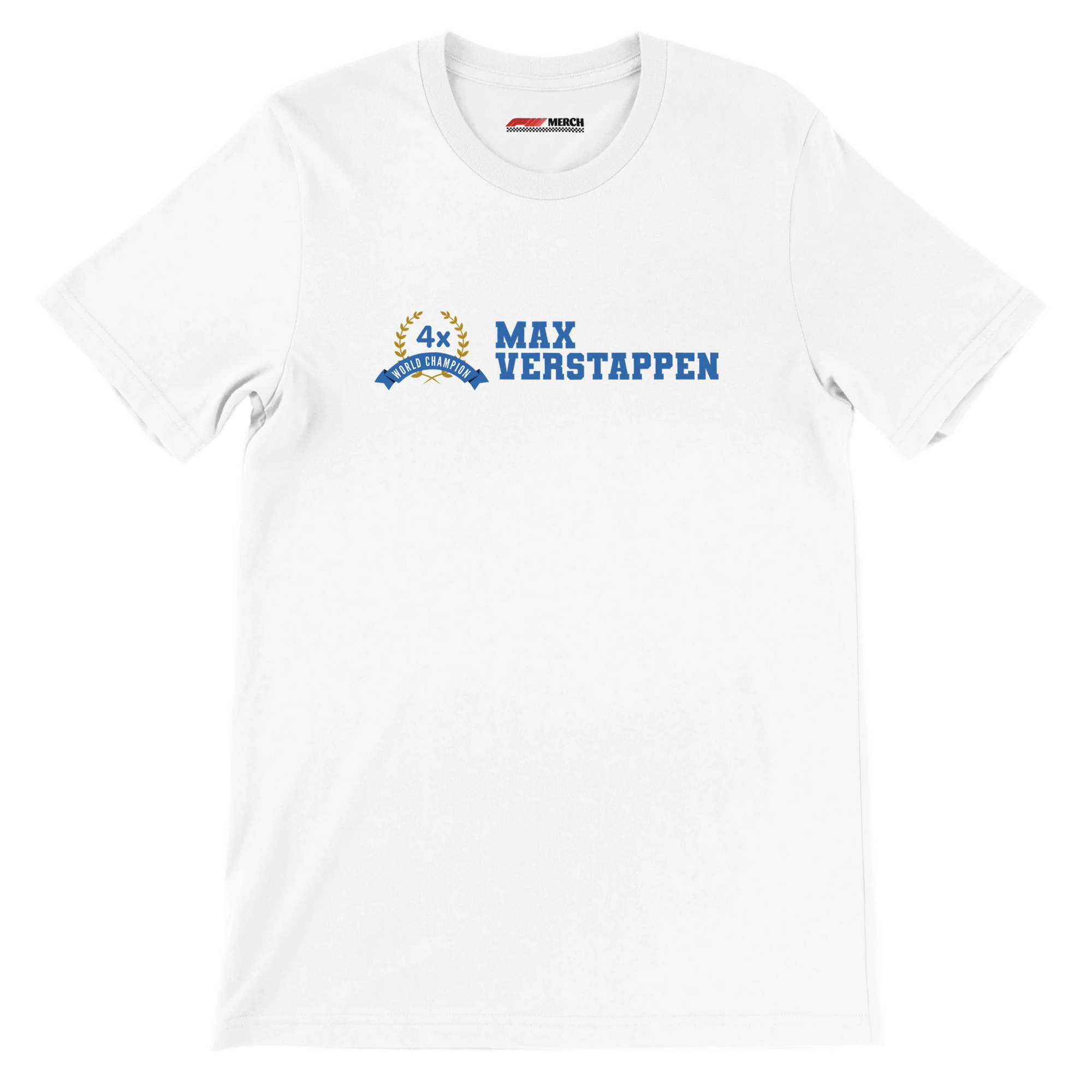 f111 merch white color t-shirt2 with max-verstappen branding.